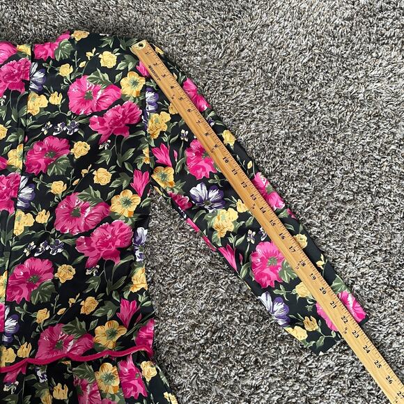 Vintage Midi Dress 6 Black Pink Floral Pleated Drop Waist Romantic Cottage 90s - Picture 12 of 16